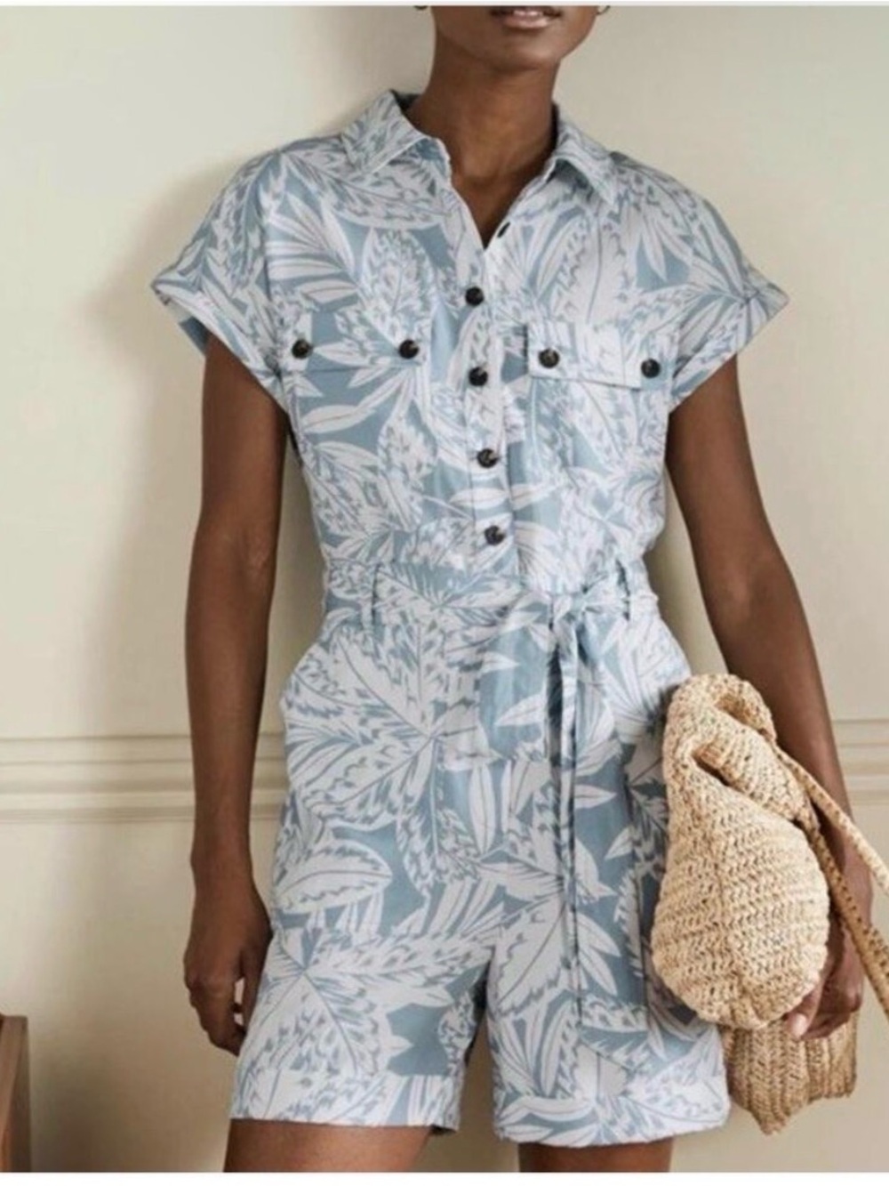 Boden Light Blue and White Leaf-Print Short Jumpsuit